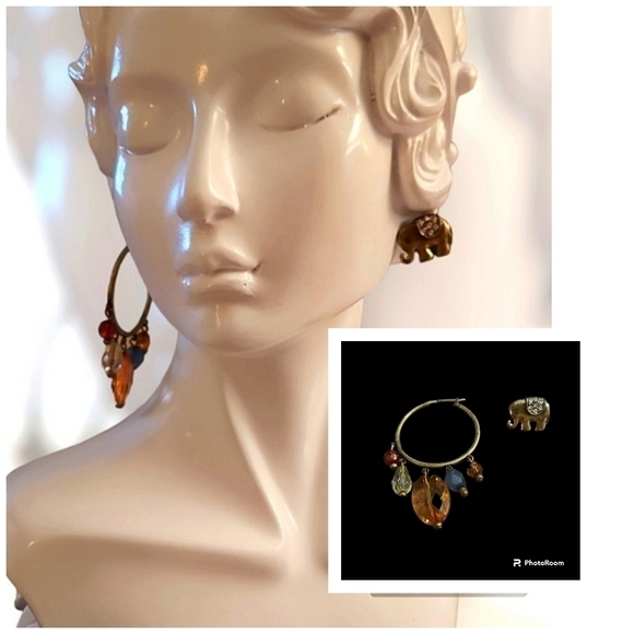 VTG Mismatched Antique Brass Elephant Hoop Chandalier Earrings - Picture 1 of 5